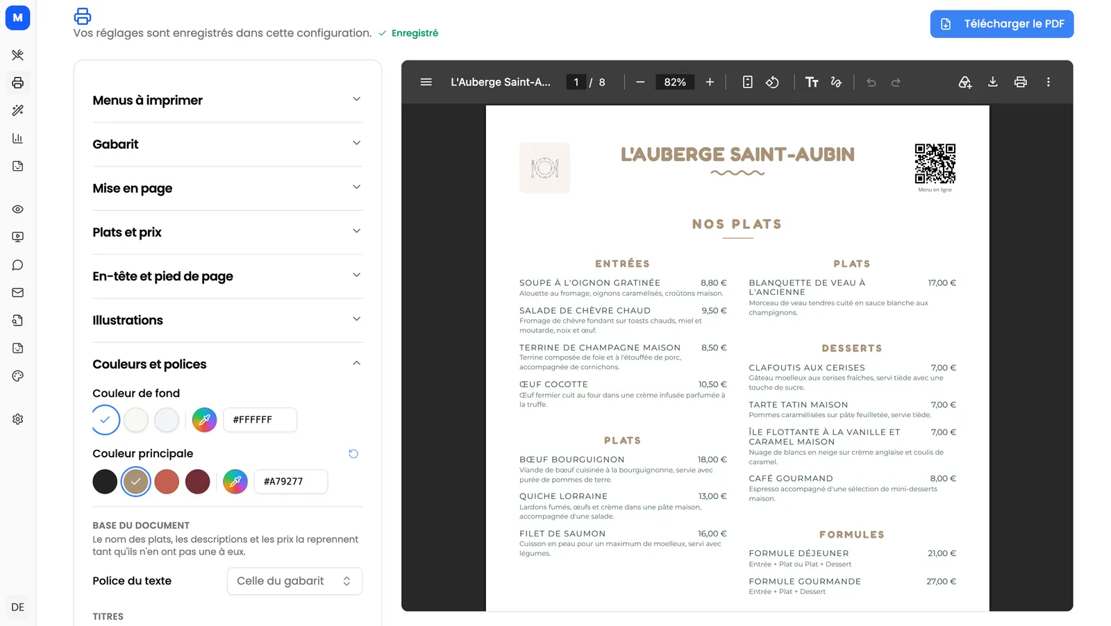 L’éditeur de carte imprimable de Milovio, ses neuf sections de réglages : catégories, gabarit, mise en page, plats et prix, en-tête et pied de page, illustrations, couleurs et polices, style de chaque partie, contenu